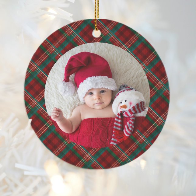 Grandparents 1st Christmas Photo Red Green Plaid Ceramic Tree Decoration (Creator Uploaded)