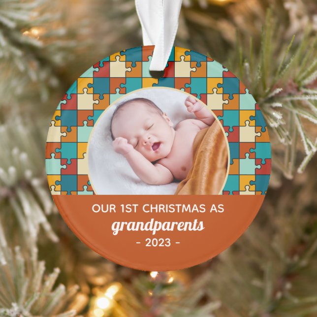 Grandparent's 1st Christmas Vintage Puzzle Photo Ornament (Tree)