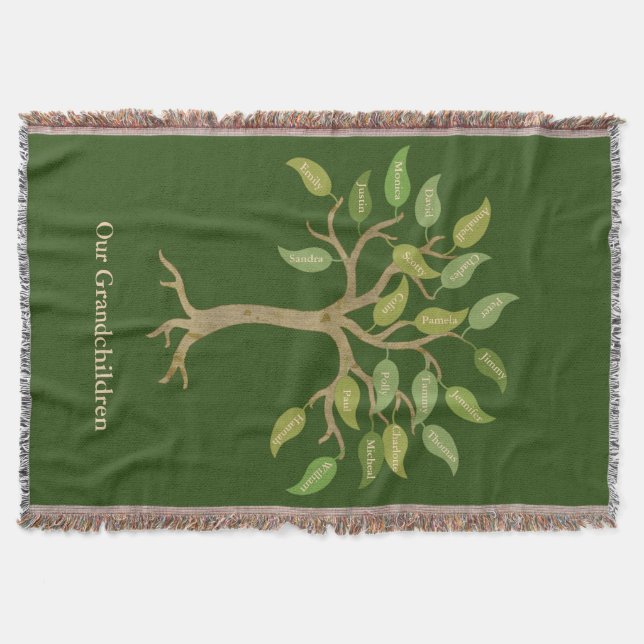 Grandparent's 21 Leaf Tree Green Throw Blanket (Front)