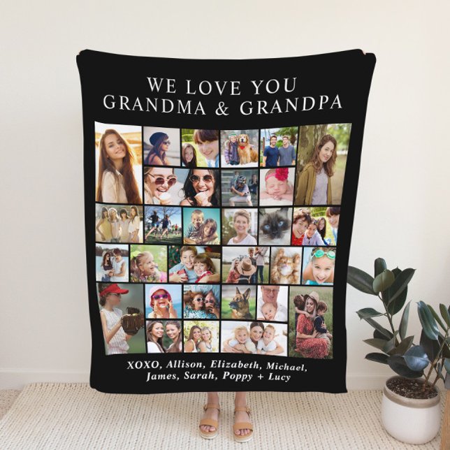 Grandparents 30 Photo Collage Black Fleece Blanket (Creator Uploaded)