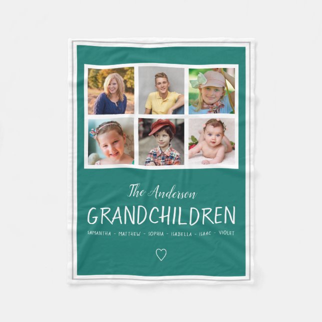 Grandparents 6 Photo Collage Personalised Teal Fleece Blanket (Front)