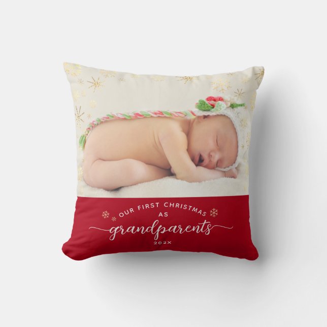 Grandparents Baby First Christmas Snowflakes Photo Cushion (Front)