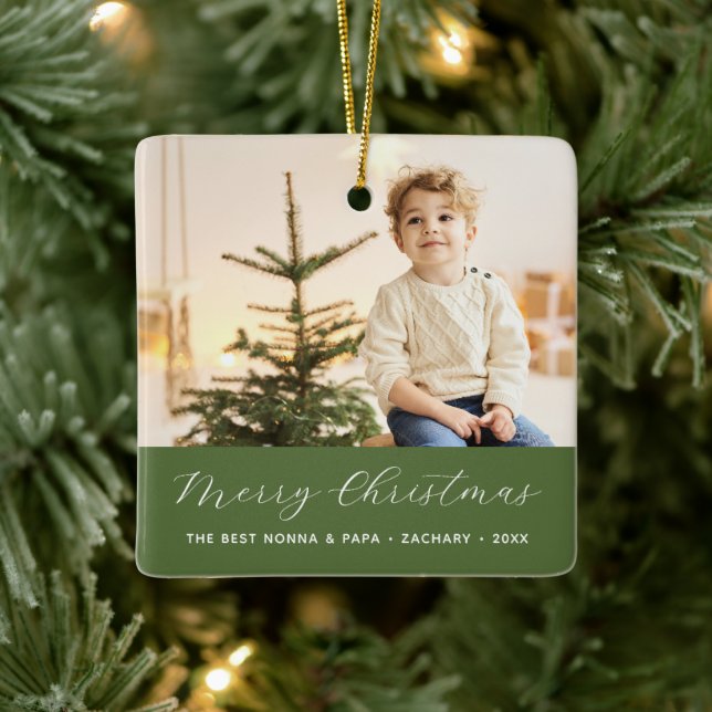 Grandparents Calligraphy Merry Christmas Photo Ceramic Ornament (Tree)