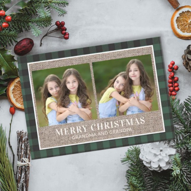 Grandparents Christmas 2 Photo Green Buffalo Plaid Card (Creator Uploaded)