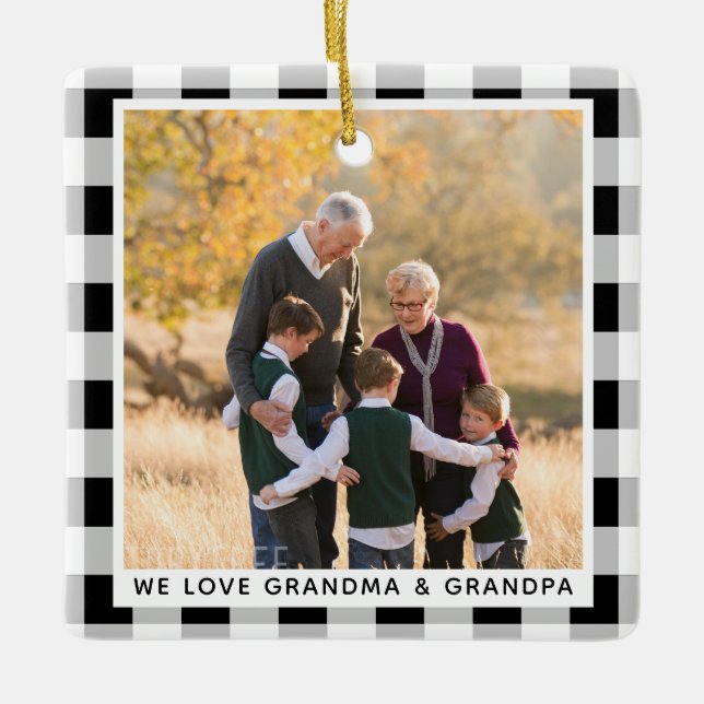 Grandparents Christmas Photo Black White Plaid Ceramic Ornament (Front)