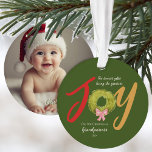 Grandparents First Christmas Keepsake Memento Joy Ornament<br><div class="desc">Our first Christmas as grandparents personalised keepsake ornament with photo on the back. Created from a hand drawn watercolor wreath and fun multicolored lettering.  Original art by Leslie Larson.</div>