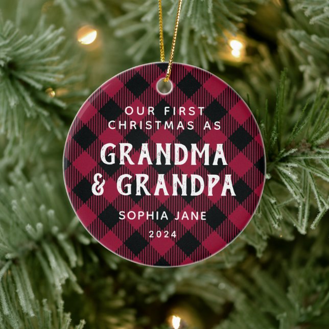 Grandparents First Christmas New Baby Photo Plaid Ceramic Tree Decoration (Tree)
