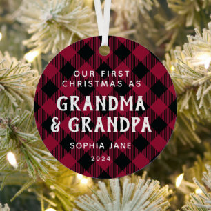 Grandparents First Christmas New Baby Photo Plaid Metal Tree Decoration