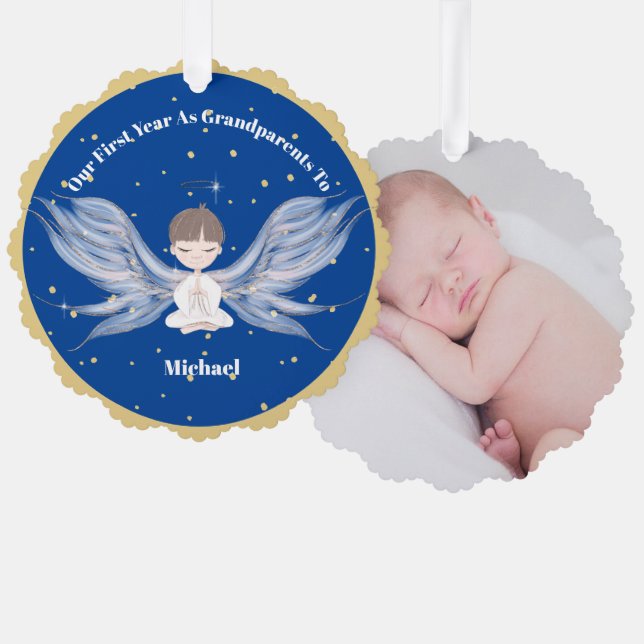 Grandparents First Christmas Photo Angel Gold Blue Tree Decoration Card (Front/Back)