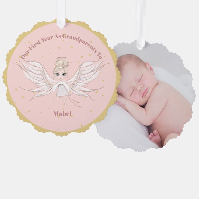Grandparents First Christmas Photo Angel Gold Pink Tree Decoration Card (Front/Back)