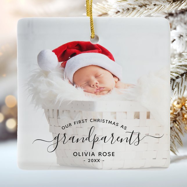 Grandparents First Christmas Photo Black Script Ceramic Ornament (Creator Uploaded)