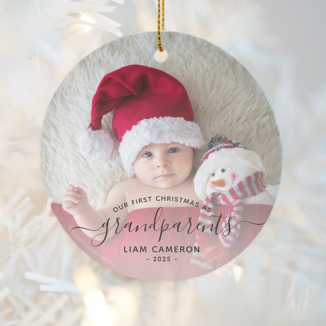 Grandparents First Christmas Photo Black Script Ceramic Tree Decoration (Creator Uploaded)