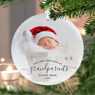 Grandparents First Christmas Photo Black Script Glass Tree Decoration