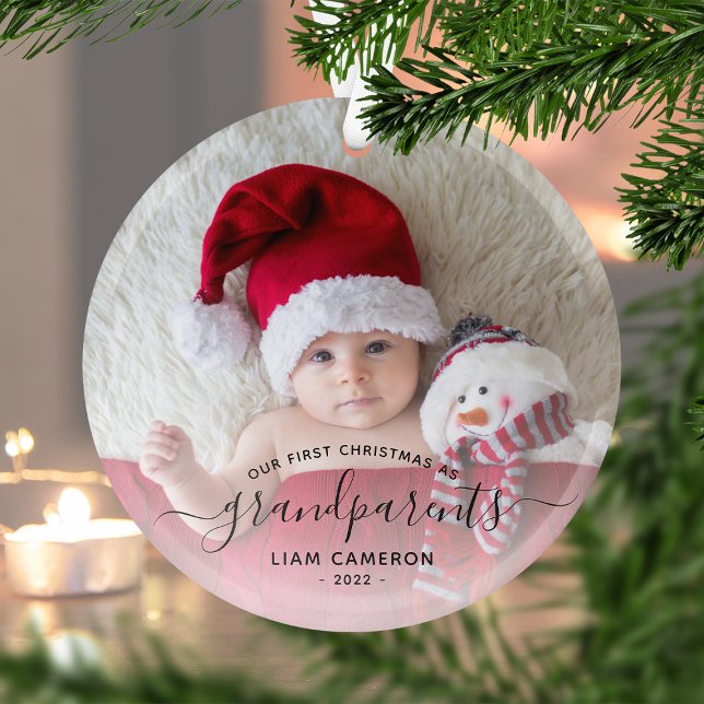 Grandparents First Christmas Photo Black Script Glass Tree Decoration (Creator Uploaded)