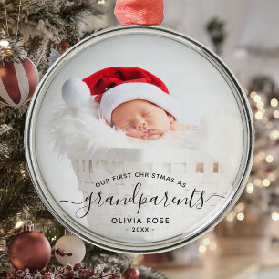 Grandparents First Christmas Photo Black Script Metal Tree Decoration