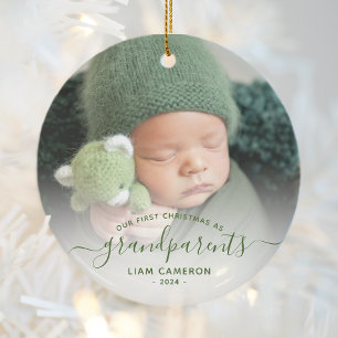 Grandparents First Christmas Photo Green Script Ceramic Tree Decoration