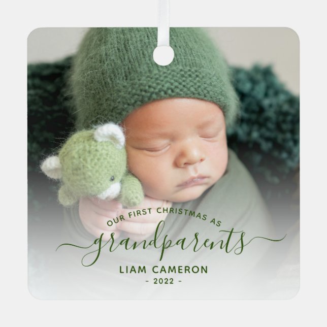 Grandparents First Christmas Photo Green Script Metal Tree Decoration (Front)