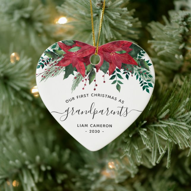 Grandparents First Christmas Photo Poinsettia Ceramic Tree Decoration (Tree)