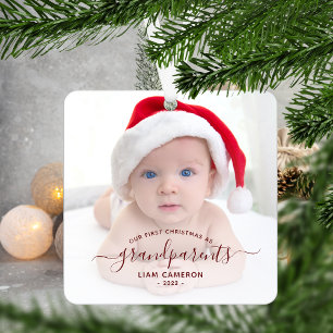 Grandparents First Christmas Photo Red Script Metal Tree Decoration