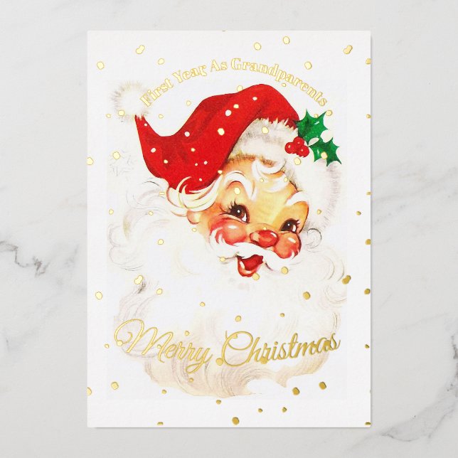 Grandparents First Christmas Photo Santa Merry Foil Holiday Card (Front)