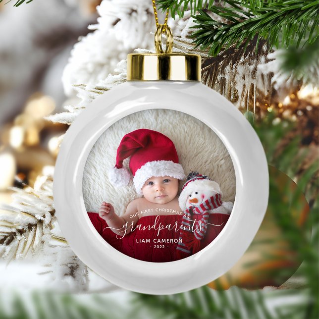Grandparents First Christmas Photo White Script Ceramic Ball Christmas Ornament (Creator Uploaded)