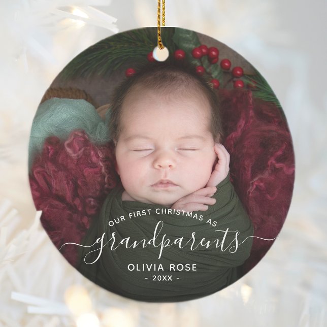 Grandparents First Christmas Photo White Script Ceramic Tree Decoration (Creator Uploaded)