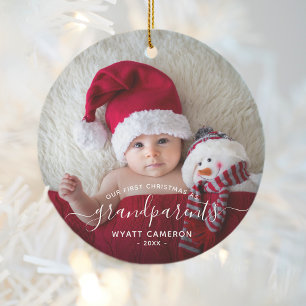 Grandparents First Christmas Photo White Script Ceramic Tree Decoration
