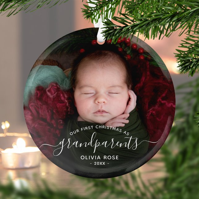 Grandparents First Christmas Photo White Script Glass Tree Decoration (Creator Uploaded)