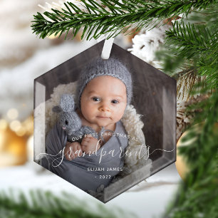 Grandparents First Christmas Photo White Script Glass Tree Decoration