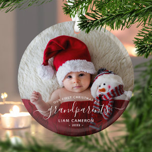 Grandparents First Christmas Photo White Script Glass Tree Decoration