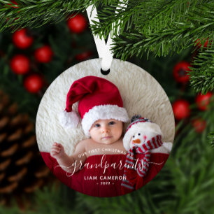 Grandparents First Christmas Photo White Script Metal Tree Decoration