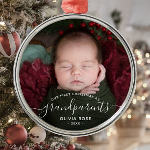 Grandparents First Christmas Photo White Script Metal Tree Decoration