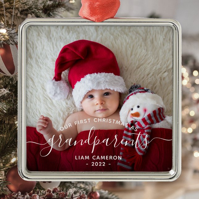 Grandparents First Christmas Photo White Script Metal Tree Decoration (Creator Uploaded)