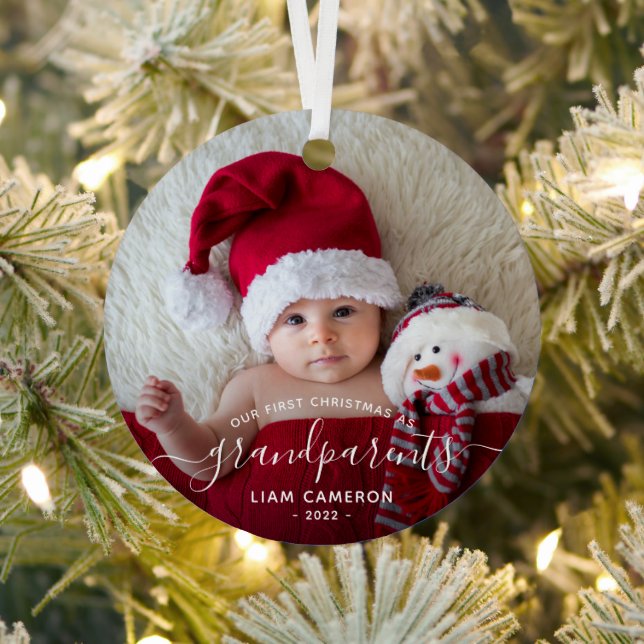 Grandparents First Christmas Photo White Script Metal Tree Decoration (Insitu)