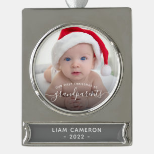 Grandparents First Christmas Photo White Script Silver Plated Banner Ornament