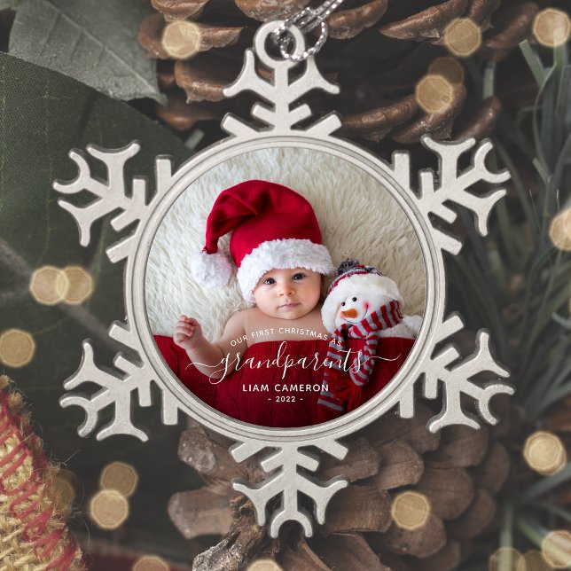 Grandparents First Christmas Photo White Script Snowflake Pewter Christmas Ornament (Creator Uploaded)