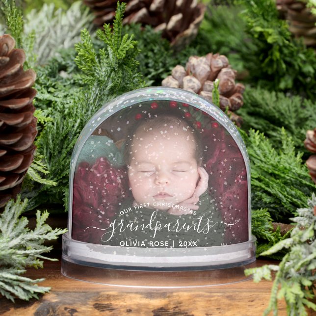 Grandparents First Christmas Photo White Script Snowglobe (Winter)