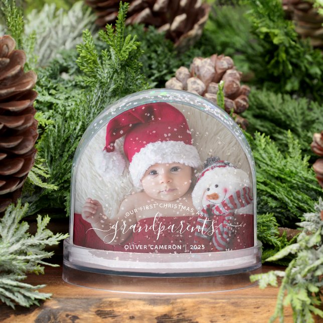 Grandparents First Christmas Photo White Script Snowglobe (Winter)