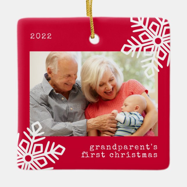 Grandparent's First Christmas Red Snowflake Photo Ceramic Ornament (Front)