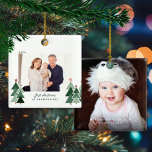 Grandparents First Christmas Rustic Trees Photo Ceramic Ornament<br><div class="desc">Grandparent's First Christmas is the perfect take on Baby's First Christmas! Cute, Modern yet Rustic Christmas Holiday Photo Square Ornaments featuring adorable little forests of rustic Christmas trees and Merry Christmas in modern typography. Add 2 of your favourite photos for the perfect ornament! Please contact us at cedarandstring@gmail.com if you...</div>