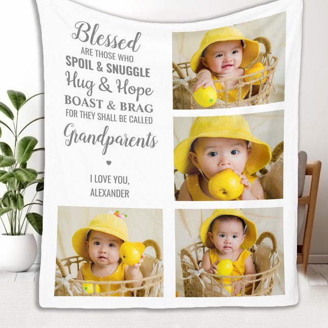 Grandparents Grandma Grandpa Photo Collage Fleece Blanket (Creator Uploaded)