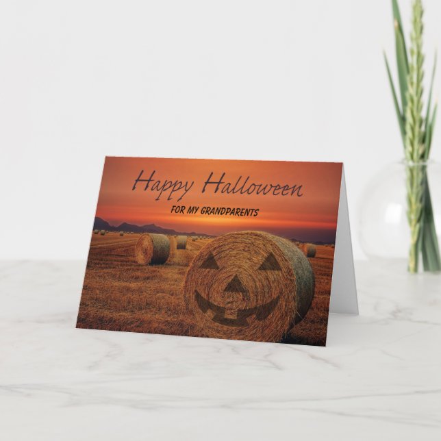 Grandparents Halloween Bale of Hay Jack o Lantern Card (Front)
