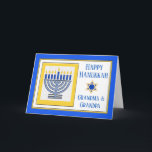 Grandparents Hanukkah Contemporary Menorah Card<br><div class="desc">Happy Hanukkah Grandma and Grandpa,  contemporary menorah with blue candles,  paper greeting card. Digital illustration with a lit menorah and a Star of David. Change the text on the cover as you like. Customise the inside verse as you wish. Art,  image,  and verse copyright © Shoaff Ballanger Studios,  2024.</div>