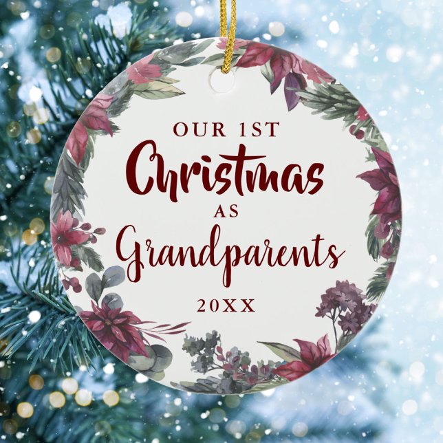 Grandparents Our First Christmas Floral Baby Photo Ceramic Tree Decoration (Creator Uploaded)