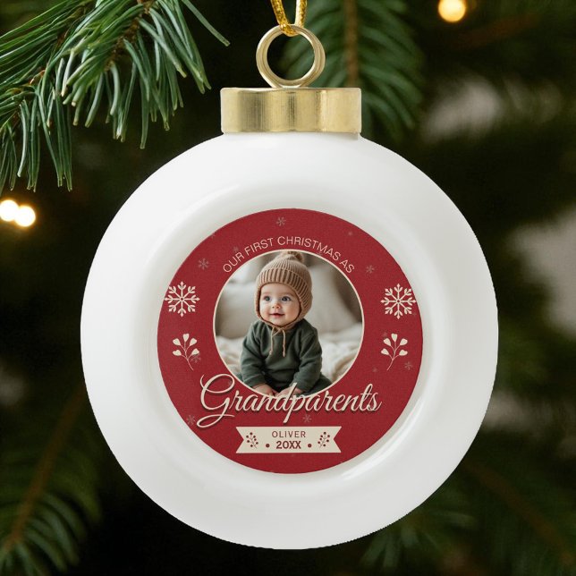 Grandparents Personalised First Christmas Photo  Ceramic Ball Christmas Ornament (Creator Uploaded)