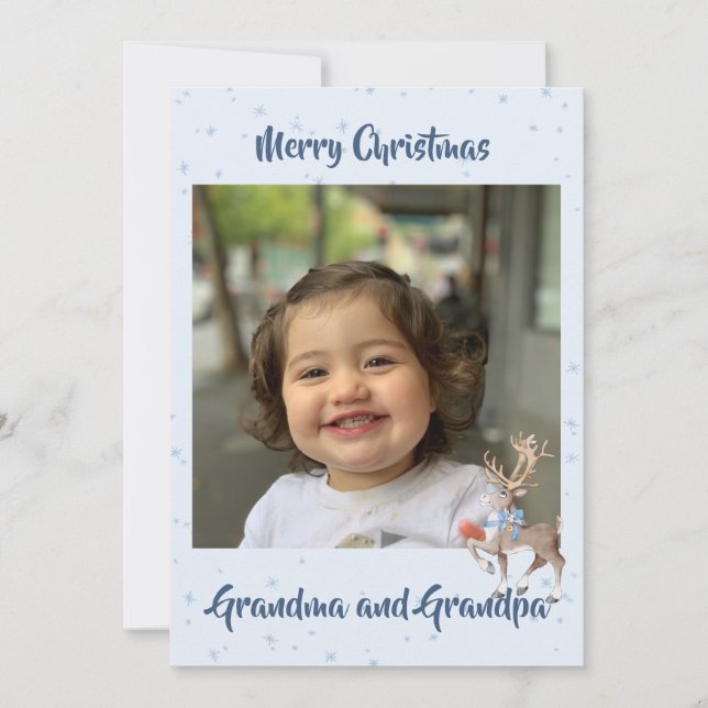 Grandparents Photo Christmas Blue Deer Holiday Card (Front)