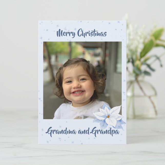 Grandparents Photo Christmas Blue Floral Holiday Card (Standing Front)