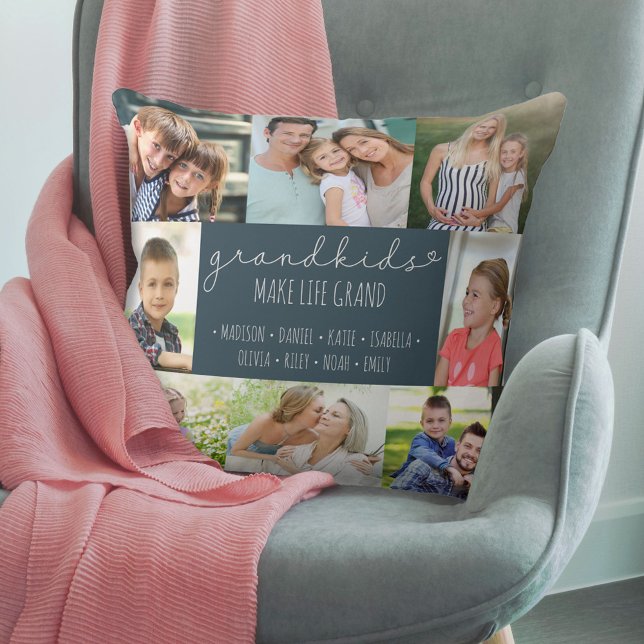 Grandparents Photo Collage Grandkids Names Blue Cushion (Creator Uploaded)