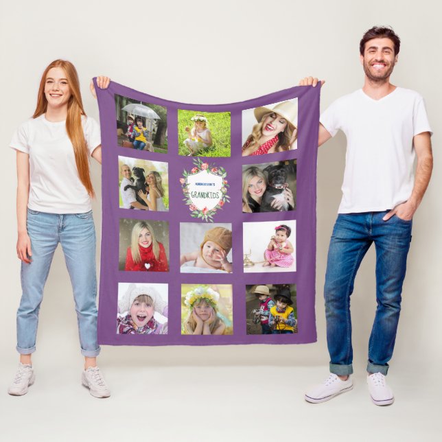 GRANDPARENTS Photo Collage Grandkids Purple Fleece Blanket (In Situ)