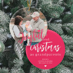 Grandparents photo first Christmas script Ceramic Tree Decoration<br><div class="desc">Upload your favourite photo (preferably square),  insert your text,  names,  and date,  and make these trendy modern Joyful pink script Christmas tree ornament a keepsake gift to remind grandma and grandpa of their first Christmas as grandparents!</div>